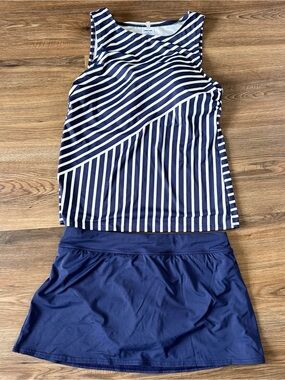 Lands End Tankini Swim Skirt Set Swimsuit Navy Blue Stripes Shelf Bra Beach 10